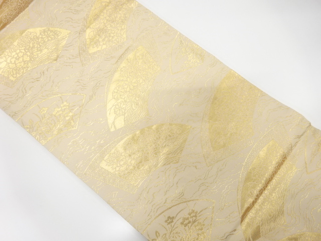 アンティーク　流水に地紙・花模様織り出し袋帯(着用可)